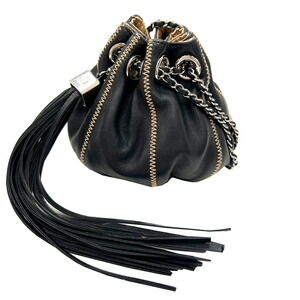 CHANEL Drawstring Pouch Shoulder Bag Handbag Leather Fringe Black